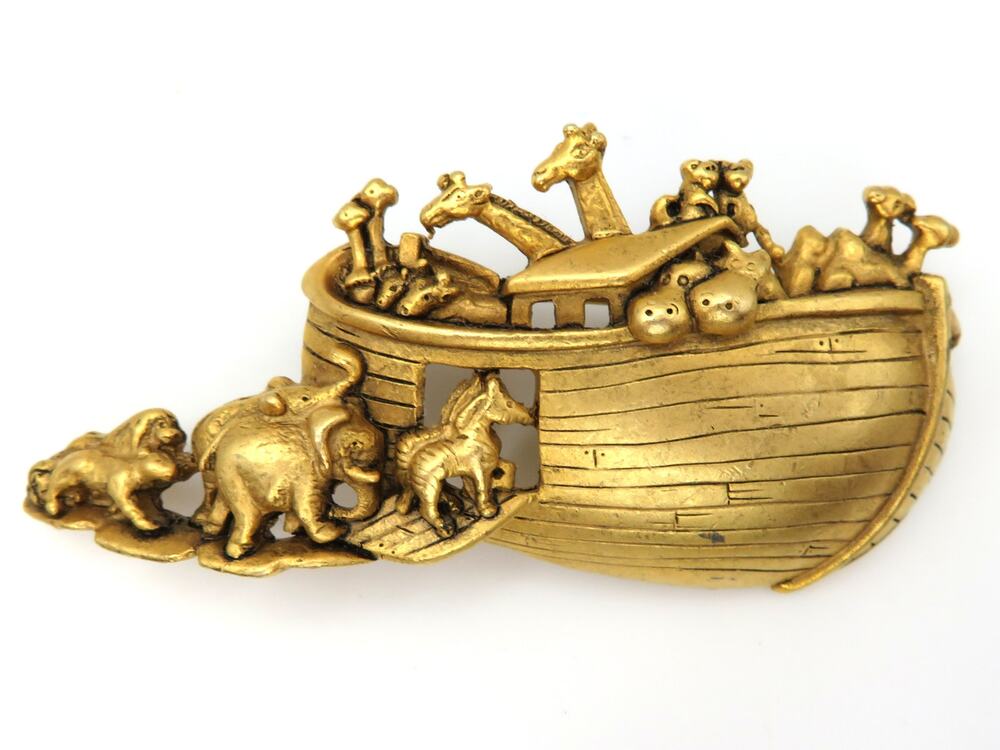 Vintage AJC Noah's Ark Brooch Gold Tone Biblical Pin Signed American Jewelry Co